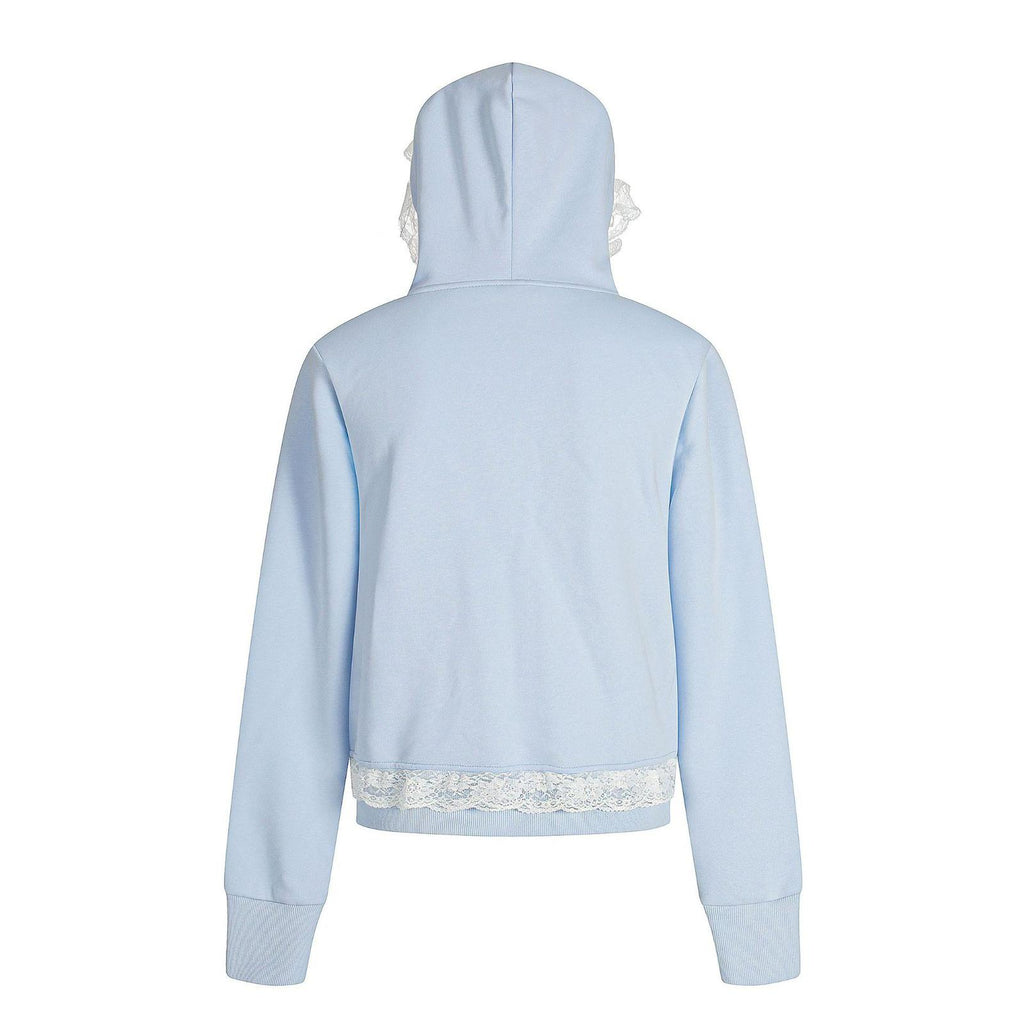 Light Blue Lace-Paneled Full Zip Hoodie