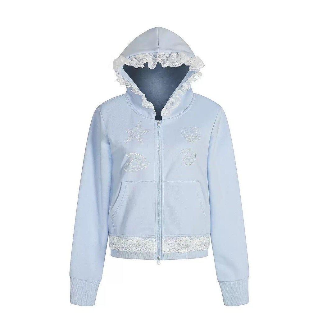 Light Blue Lace-Paneled Full Zip Hoodie