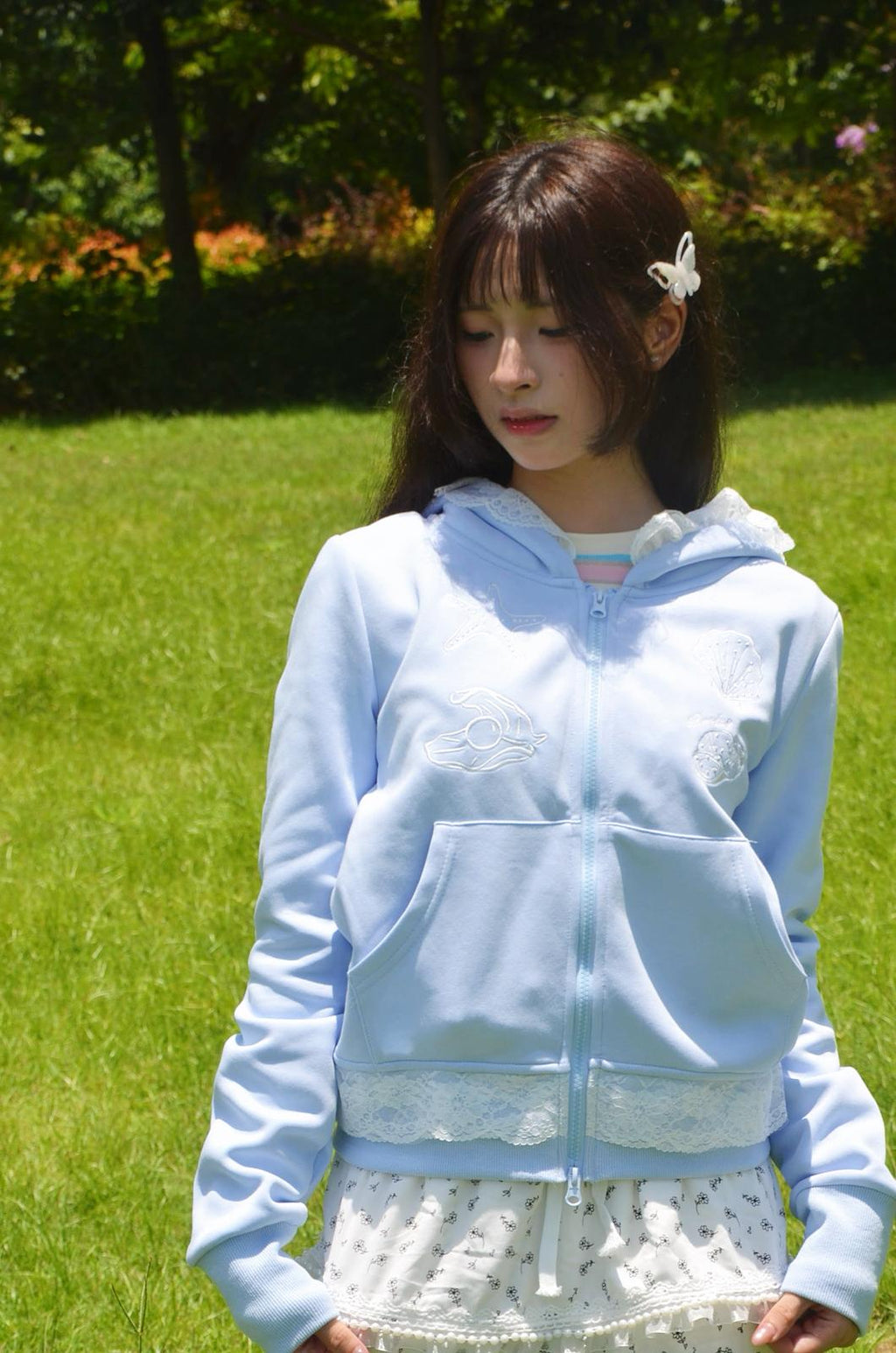 Light Blue Lace-Paneled Full Zip Hoodie