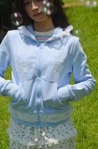 Light Blue Lace-Paneled Full Zip Hoodie
