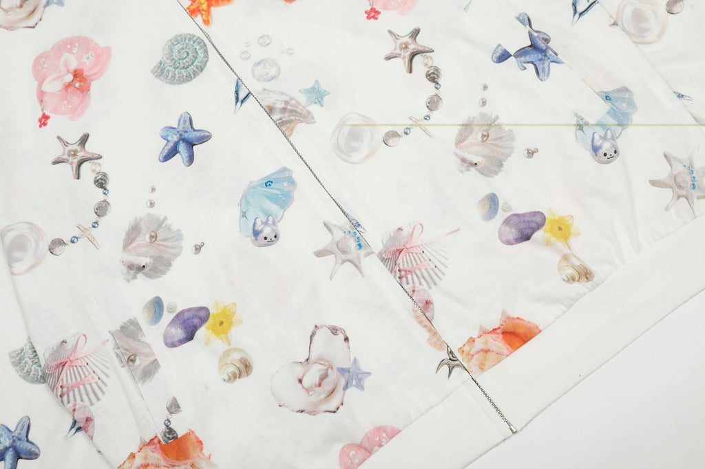 Ocean and Floral Motif Full Zip Hoodie