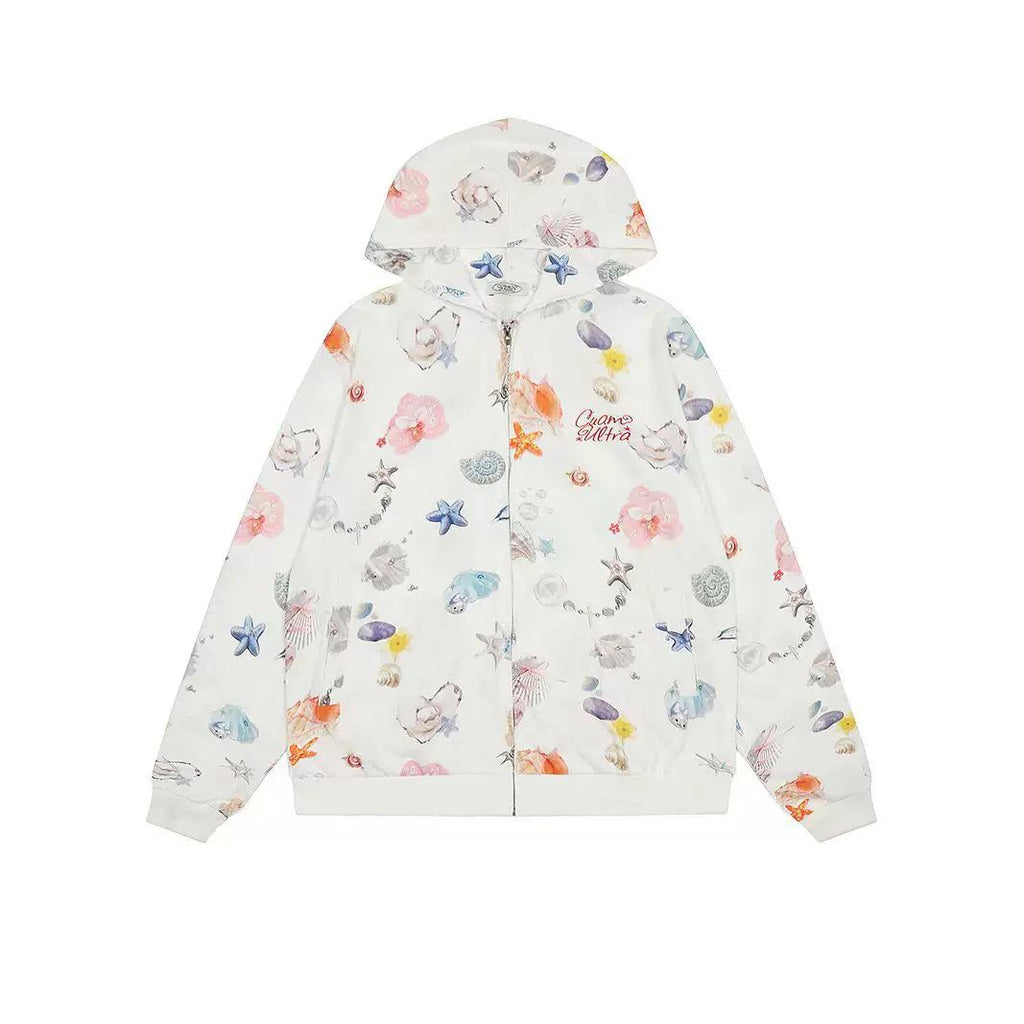 Ocean and Floral Motif Full Zip Hoodie