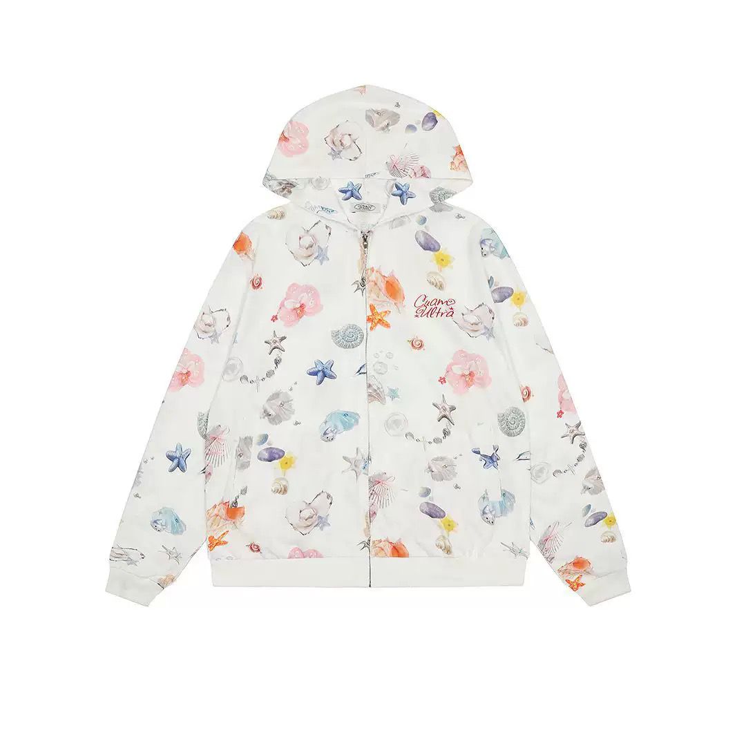 Ocean and Floral Motif Full Zip Hoodie