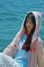 Cat-Ear Striped Lace-Paneled Full Zip Hoodie