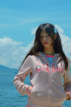 Cat-Ear Striped Lace-Paneled Full Zip Hoodie