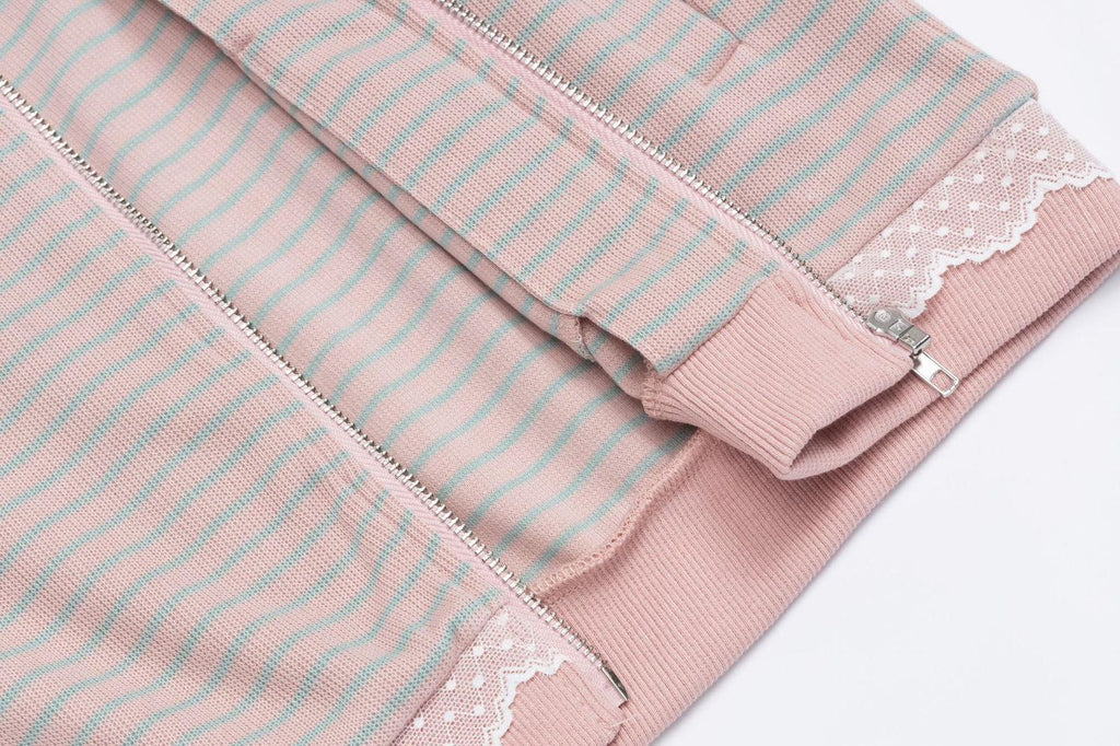 Cat-Ear Striped Lace-Paneled Full Zip Hoodie