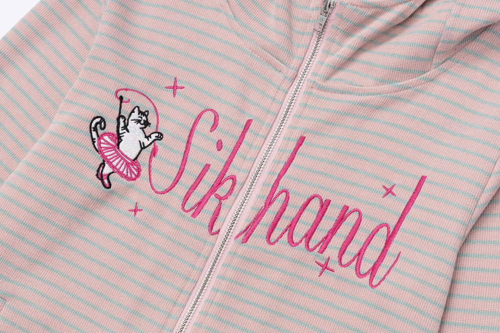 Cat-Ear Striped Lace-Paneled Full Zip Hoodie