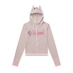 Cat-Ear Striped Lace-Paneled Full Zip Hoodie