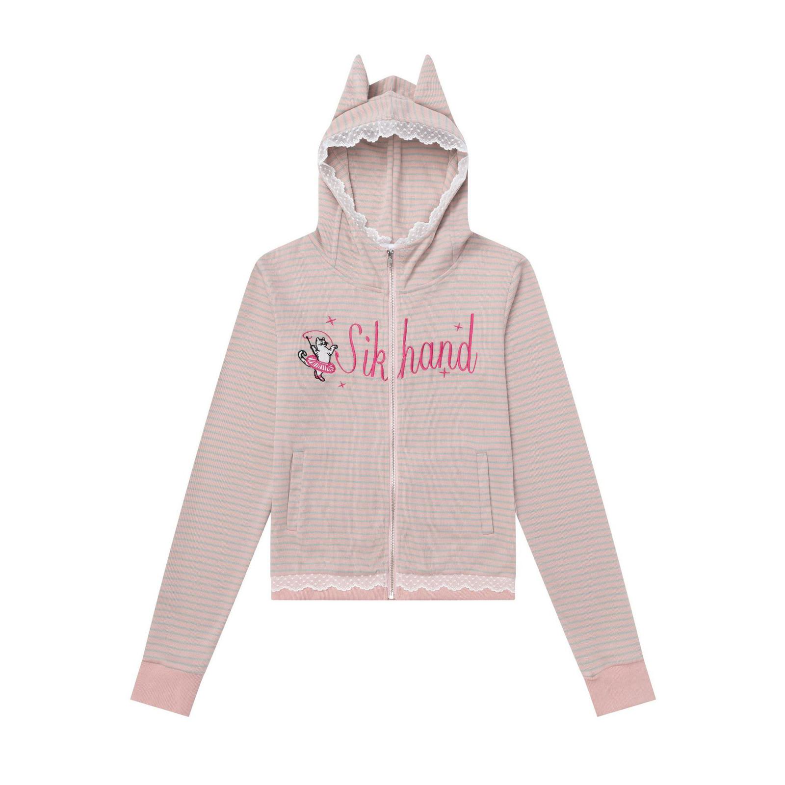 Cat-Ear Striped Lace-Paneled Full Zip Hoodie