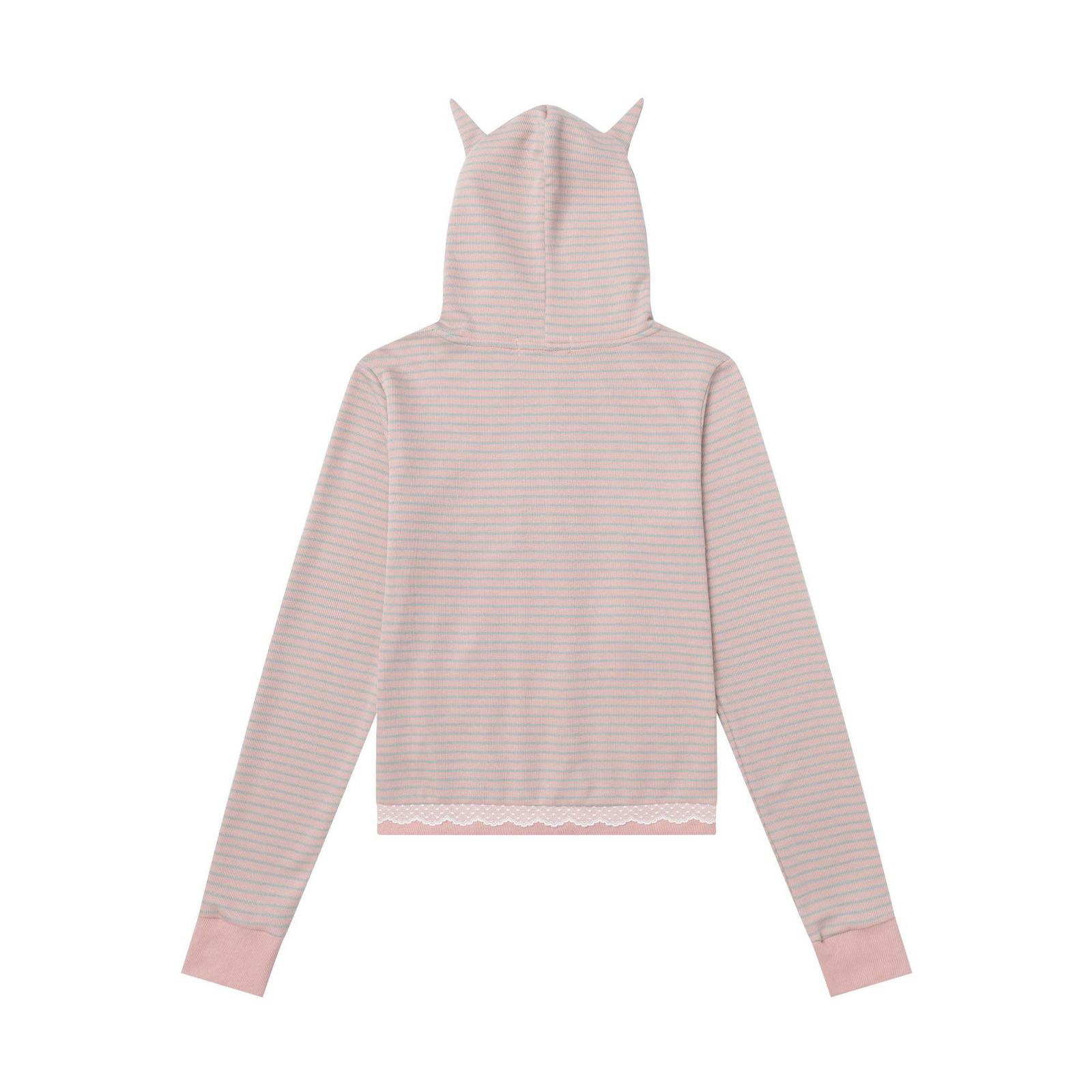 Cat-Ear Striped Lace-Paneled Full Zip Hoodie