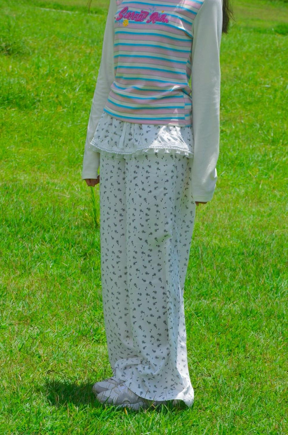 Tiered Floral Lace Pants with Pearl Accents