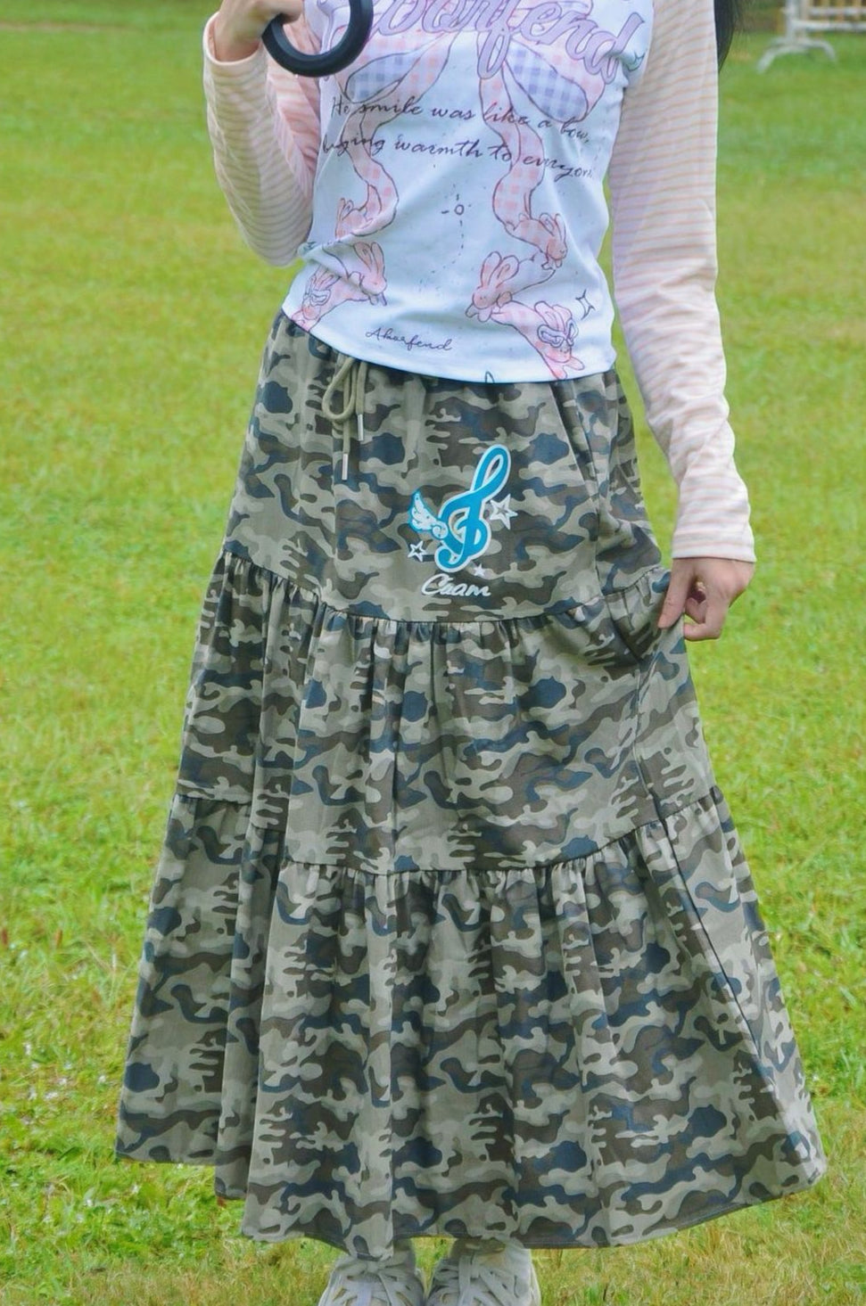 Camouflage print tiered maxi skirt