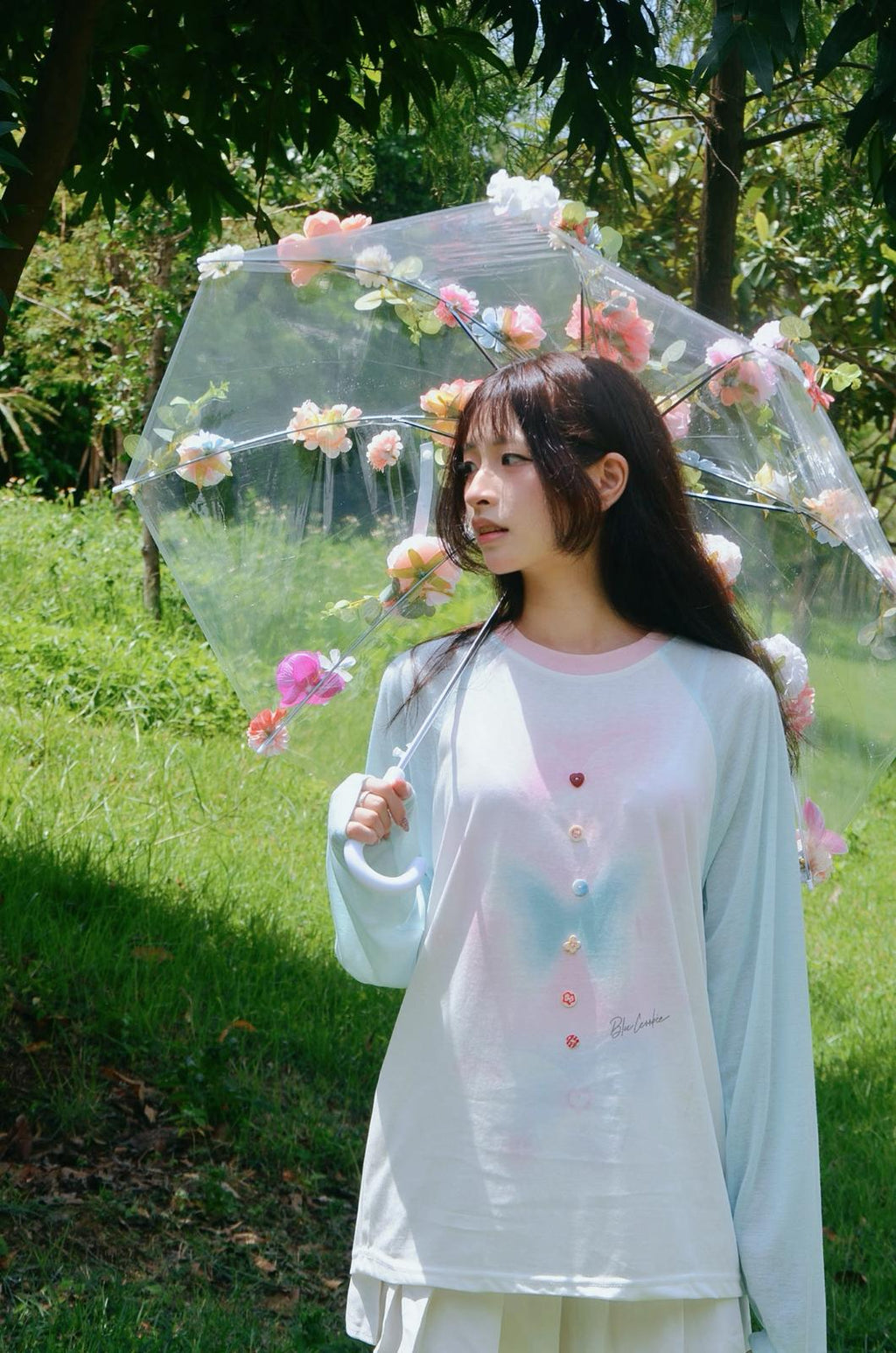 Beaded print raglan long sleeve top