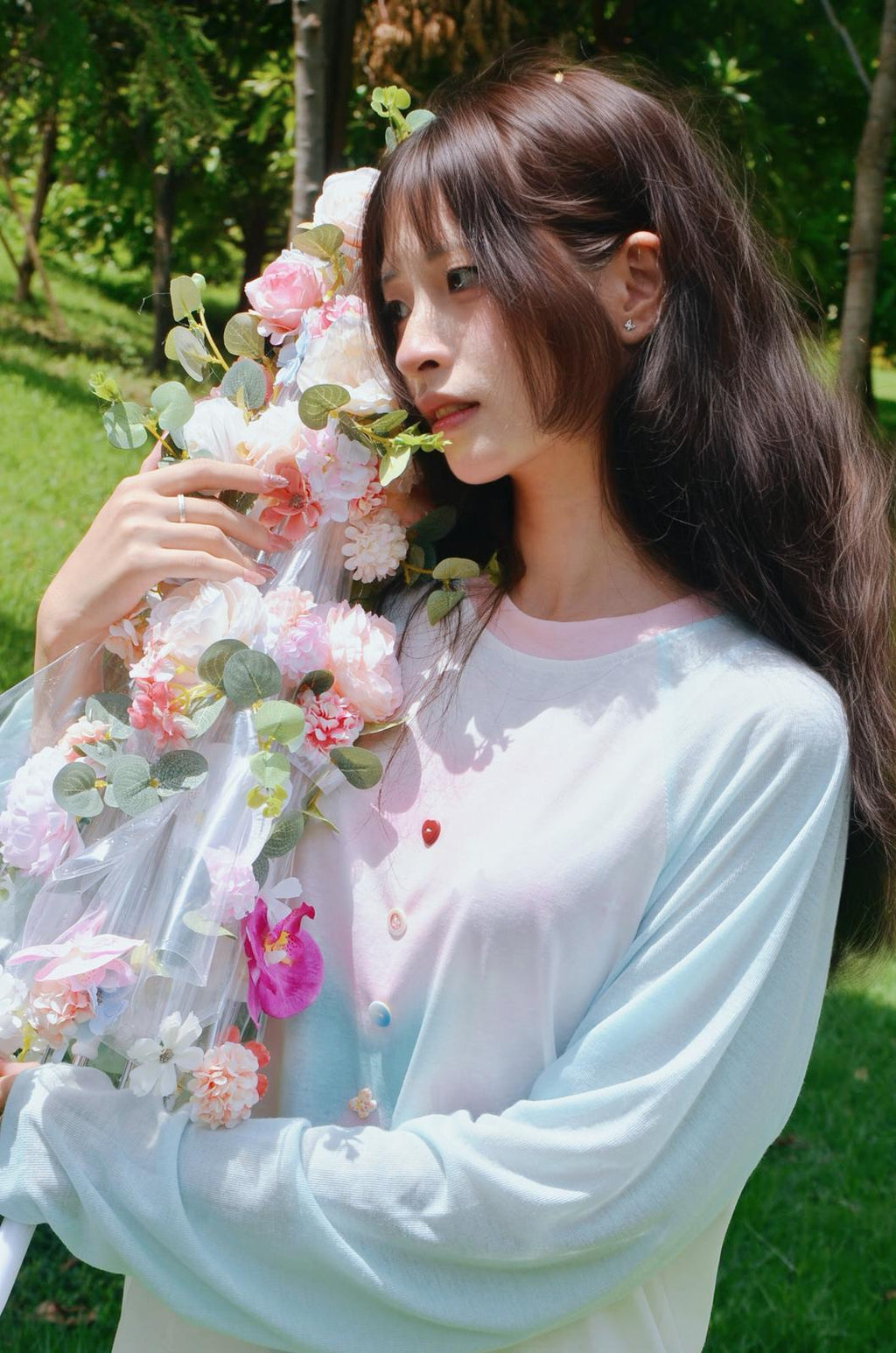 Beaded print raglan long sleeve top