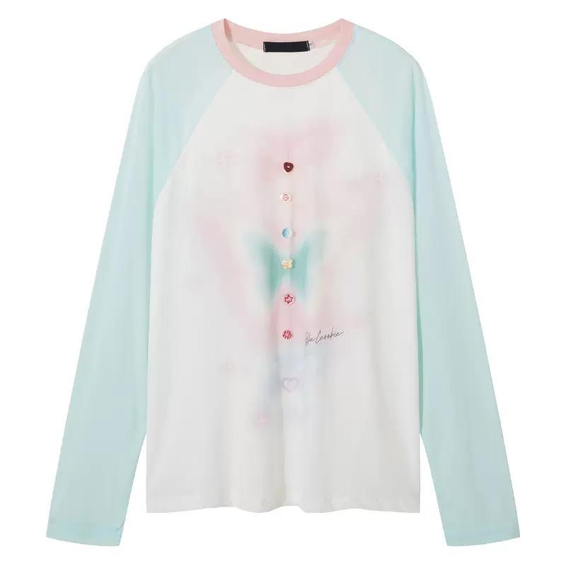 Beaded print raglan long sleeve top