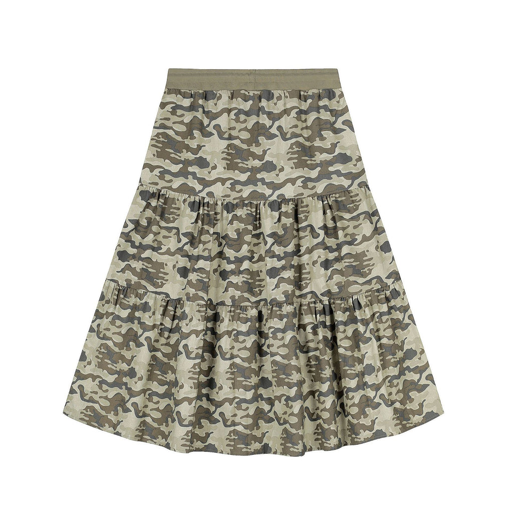 Camouflage print tiered maxi skirt